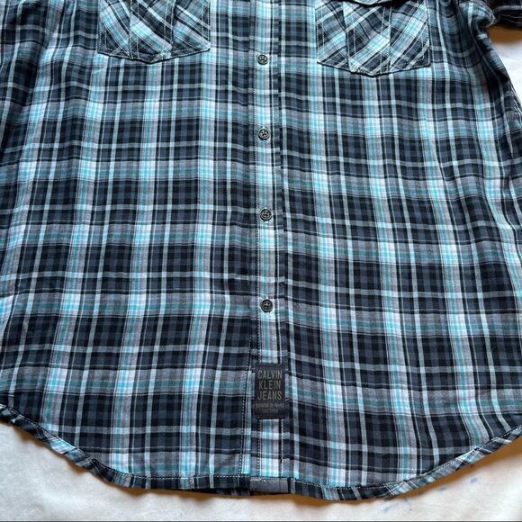 Calvin Klein Jeans button up western shirt plaid blue/black/white Large NWOT - Picture 5 of 9